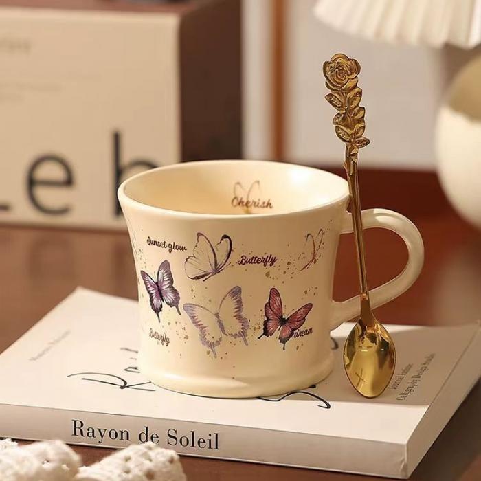 Vintage Ceramic Mug with Silk Screen-printed Butterfly