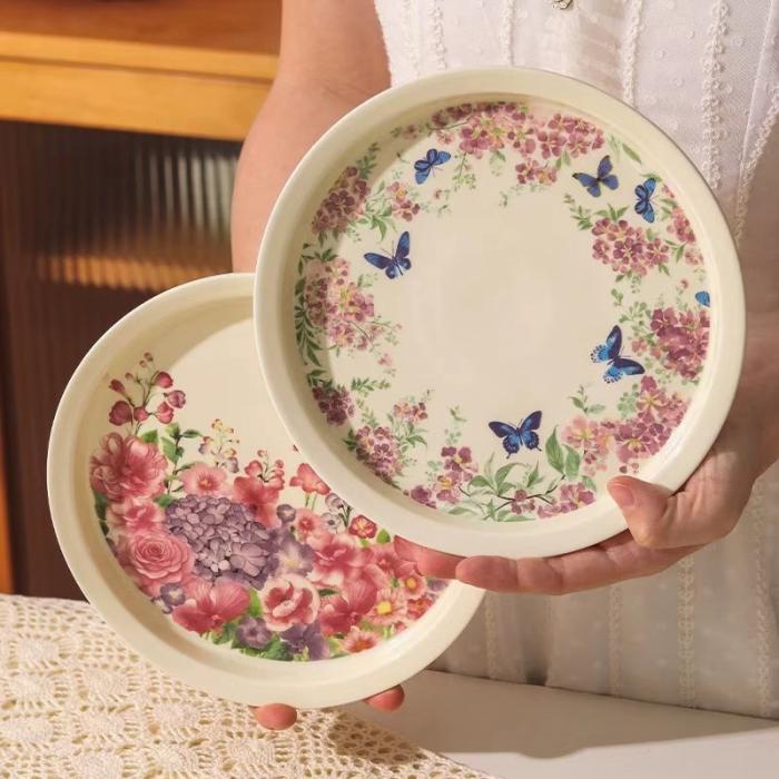 Vintage Ceramic Dish with Silk Screen-printed Flowers