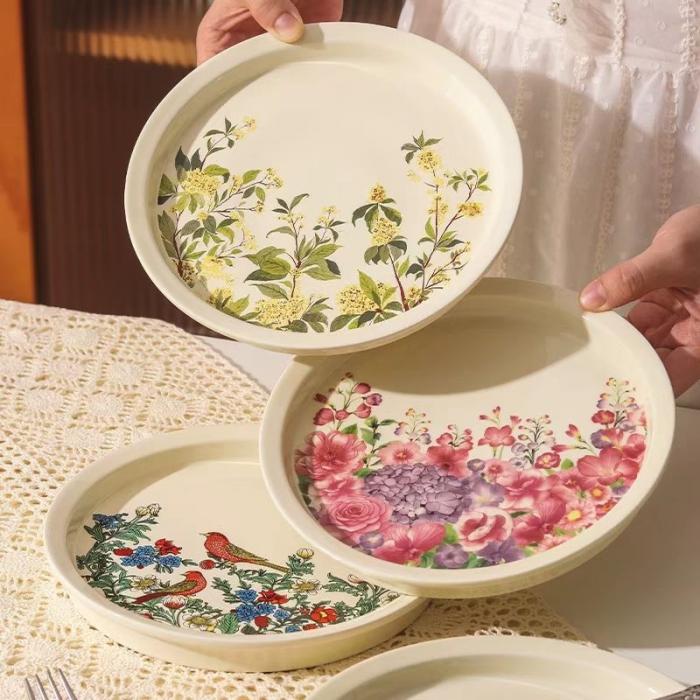 Vintage Ceramic Dish with Silk Screen-printed Flowers