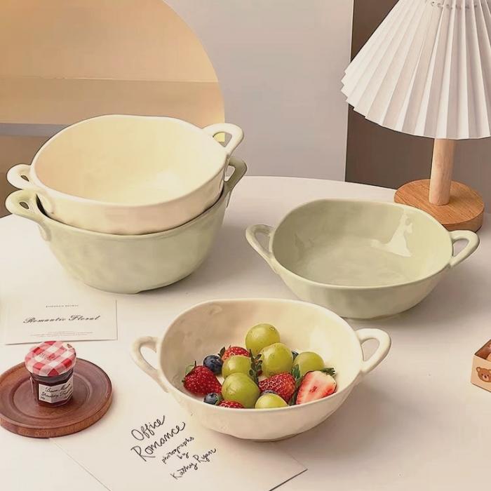 Creamy Colored Ceramic Double-Handled Mixing Bowl