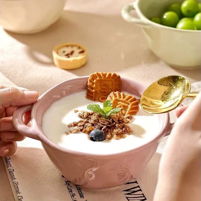 Creamy Colored Ceramic Double-Handled Salad Bowl
