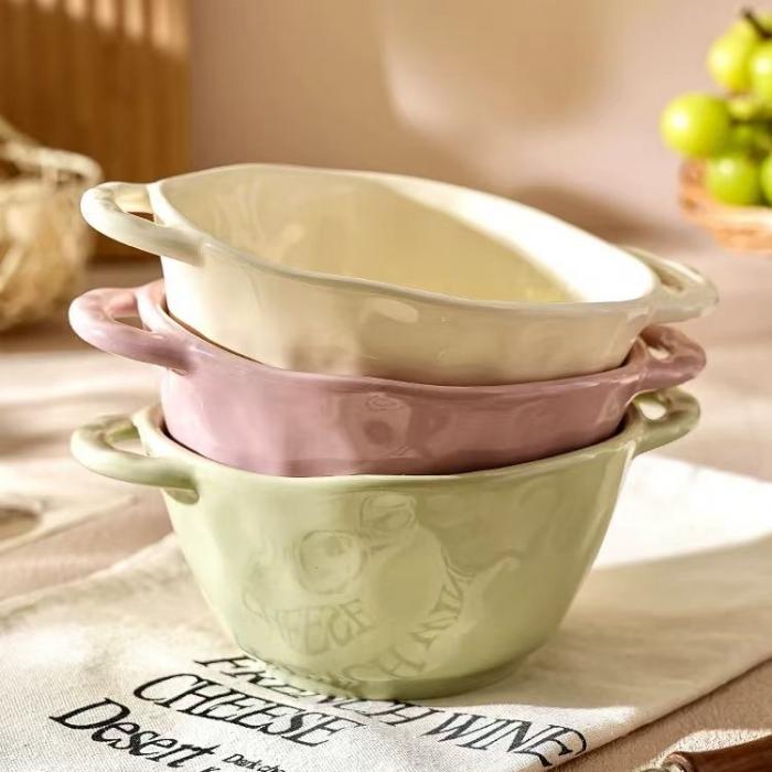 Creamy Colored Ceramic Double-Handled Salad Bowl