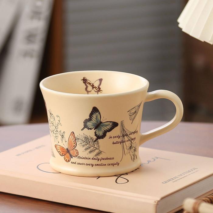 Vintage Ceramic Mug with Silk Screen-printed Butterfly